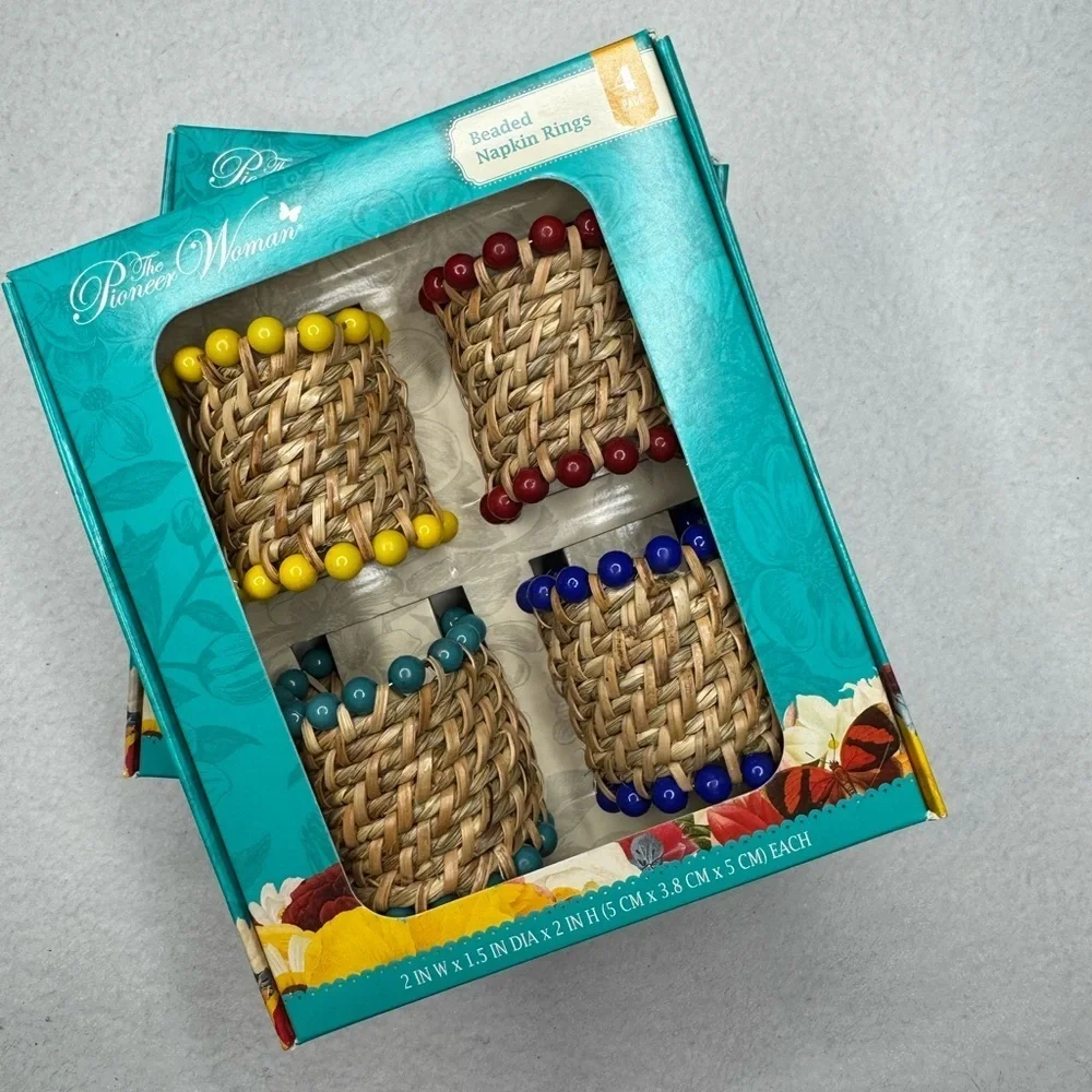 Beaded Rattan Napkin Rings Set of 8 / 2 Boxes Pioneer Woman New boho bohemian